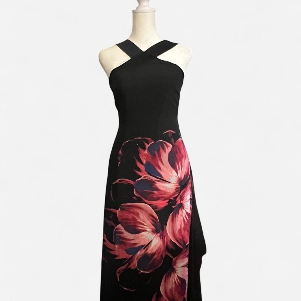 Jennifer Lopez One Shoulder Black Dress with Red Floral Design